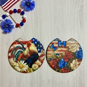 Patriotic Car Coasters with Rooster and Floral Design